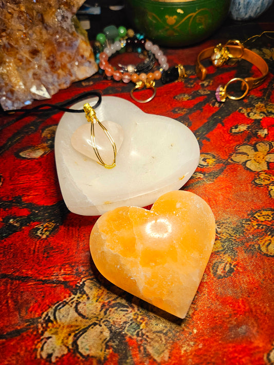 Heart Bundle - Crystal Necklace, Orange Selenite Crystal, and White Selenite charging bowl.